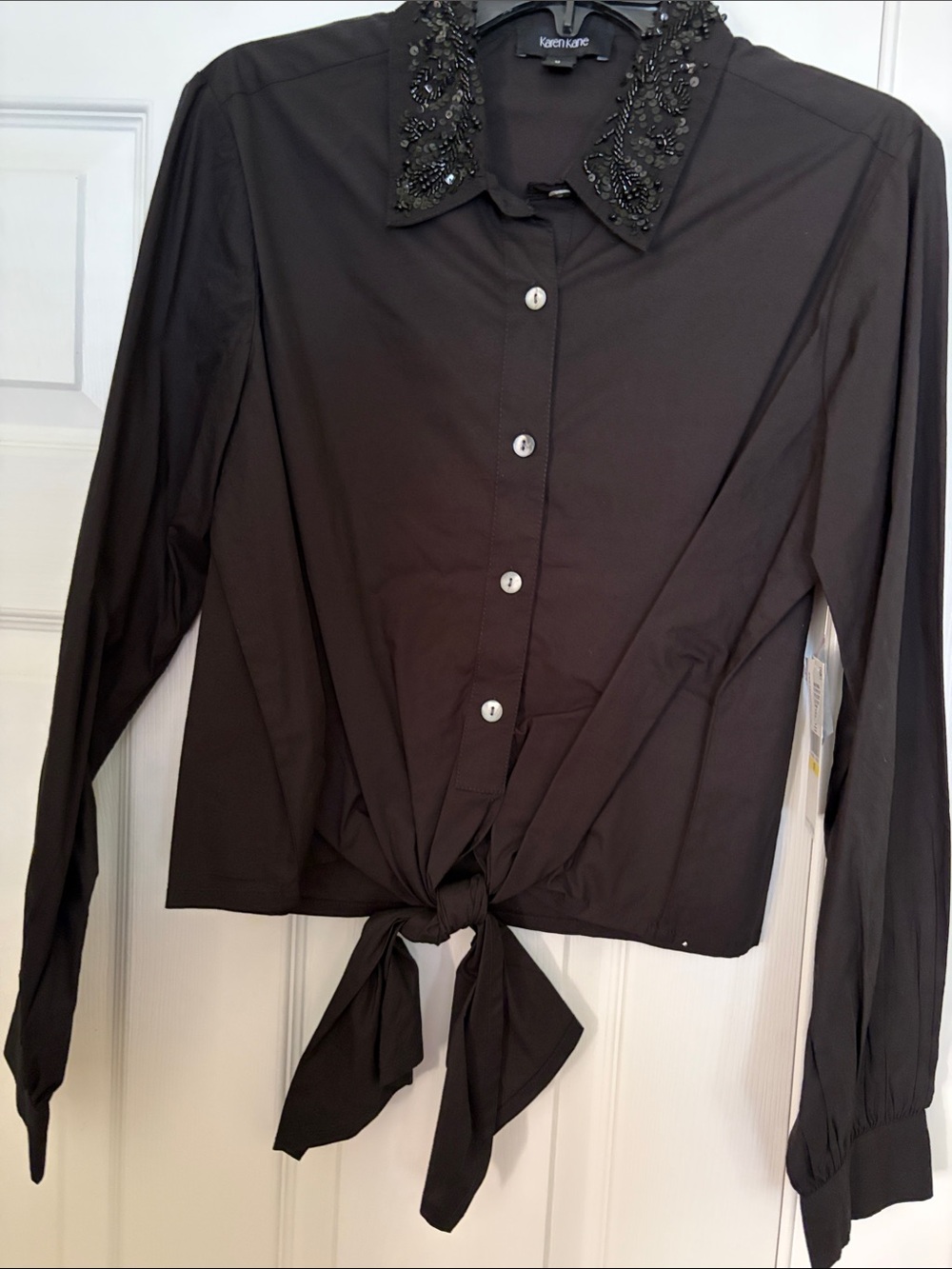 Karen Kane Black Tie-Front Button Shirt with Beaded Collar